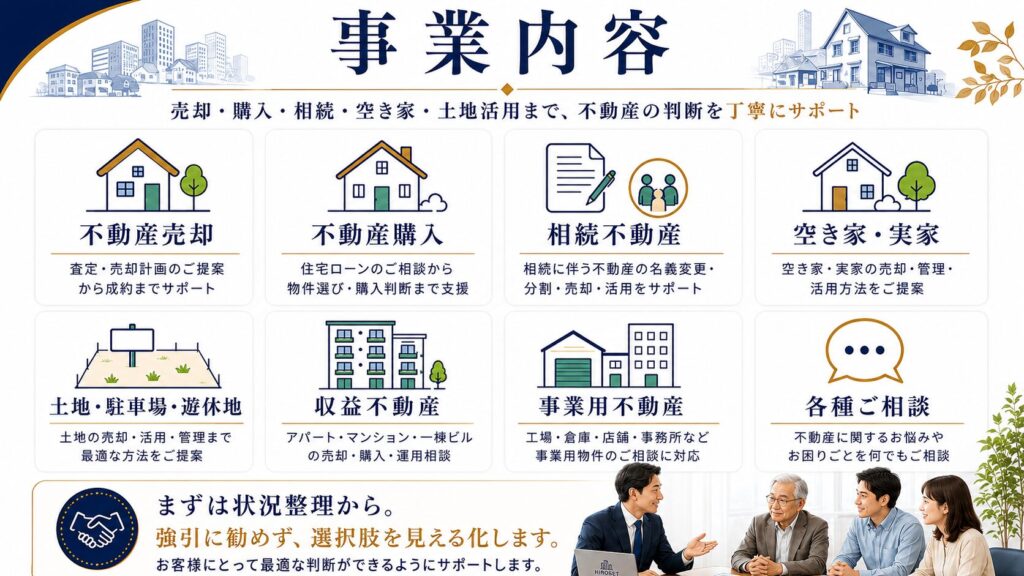 不動産売却、購入、相続、空き家、実家、土地、駐車場、収益不動産、事業王不動産、各種ご相談