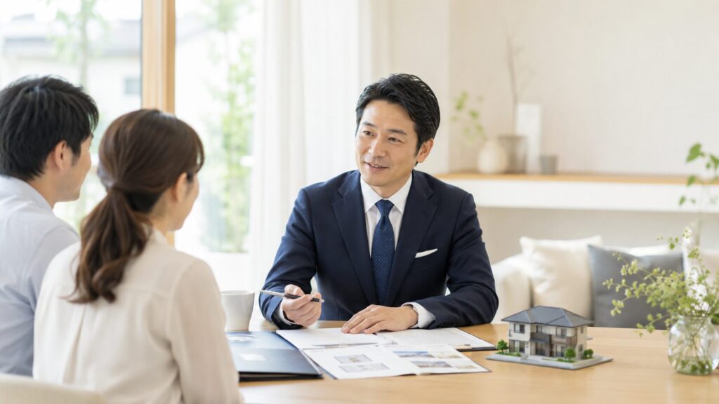 代表が夫婦に不動産売却、不動産購入、土地活用、相続などの相談をしている